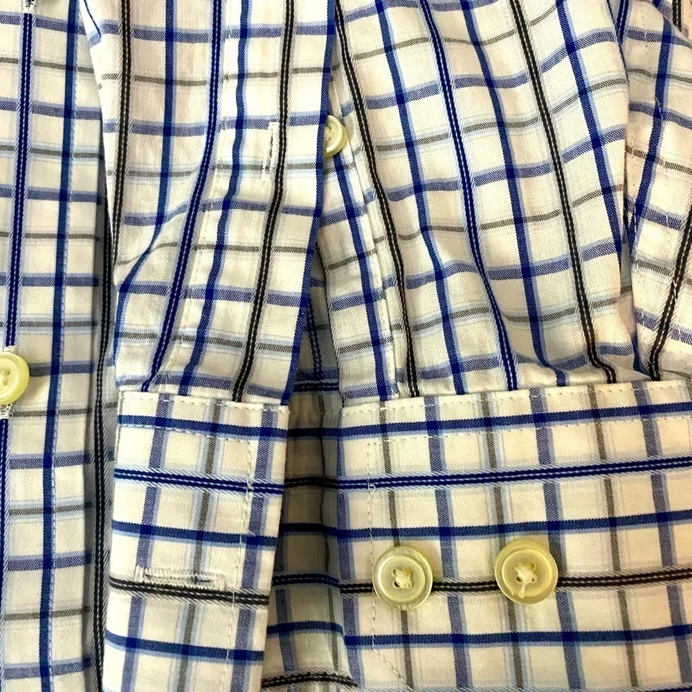 Men shirt long sleeve button down w/ cuff Banana Republic navy white plaid M